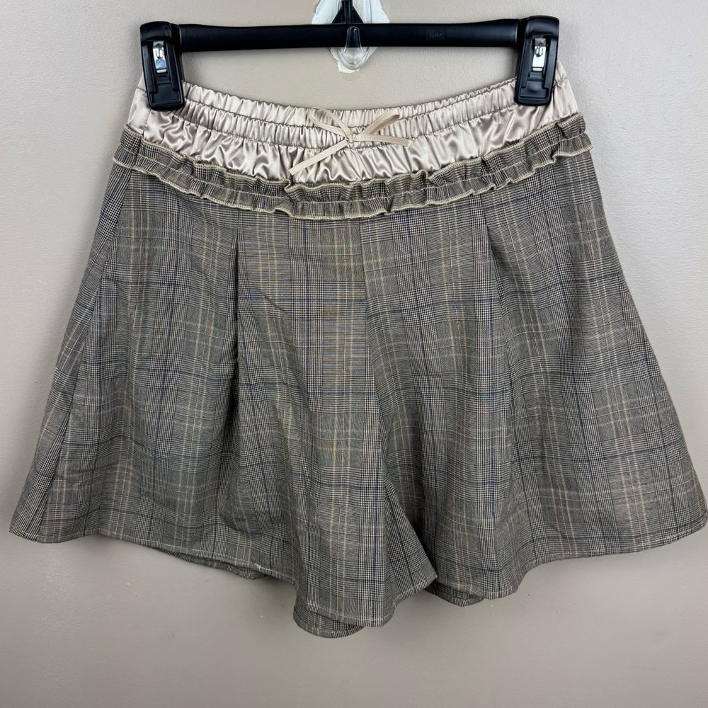 Cider Double Tan Mid Waist Check Bowknot Skort